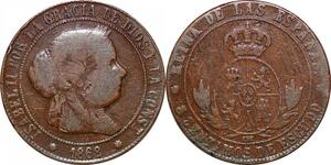 P0617 Spain 5 Centimos de Escudo Isabel II 1868 Barcelona O.M -&gt;Make offer