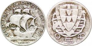 P0626 Portugal 2,5 Escudos Caravelle 1943 Silver ->Make offer