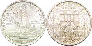 P0629 Portugal 20 Escudos Pont Salazar 1966 Argent UNC