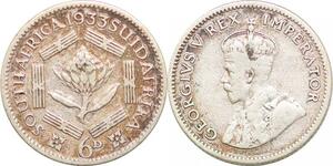 P0647 South Africa 6 Pence George V Suid Afrika 1933 Silver ->Make offer