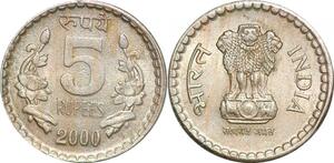 P0712 India 5 Rupees Ashoka Lion Capitol 2000 UNC ->Make offer