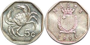 P0745 Malta 5 Cents Coat Arms Crab 1991 UNC ->Make offer