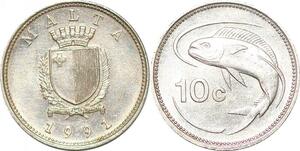 P0748 Malta 10 Cents Coat Arms Fish 1991 UNC -> make offer
