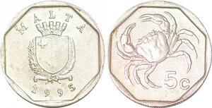 P0749 Malta 5 Cents Coat Arms Crab 1995 UNC ->Make offer