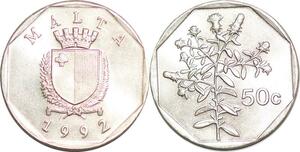 P0752 Malta 50 Cents Coat Arms Flowers 1992 UNC ->Make offer