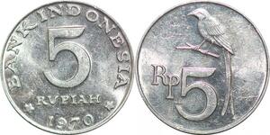 P0756 Indonesia 5 Rupiah Black Drongon Bird 1970 UNC ->Make offer