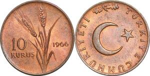 P0760 Turkey 10 Kurus Star Crescent Wheat 1966 UNC ->Make offer