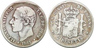 P0838 Spain 2 Pesetas Alfonso XII 1882 (82) MS M Silver ->Make offer