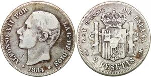 P0840 Spain 2 Pesetas Alfonso XII 1884 (84) MS M Silver ->Make offer