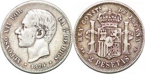 P0845 Spain 2 Pesetas Alfonso XII 1879 (79) EM-M Silver ->Make offer