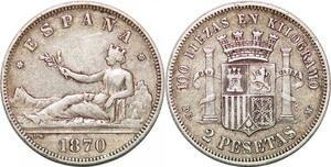 P0849 Spain 2 Pesetas Gouvernement Provisoire 1870 (73) DE-M Silver