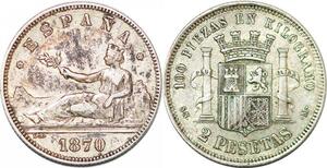 P0850 Spain 2 Pesetas Gouvernement Provisoire 1870 (70) DE-M Silver