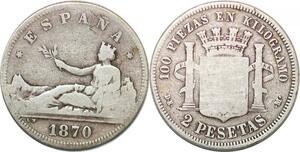 P0851 Spain 2 Pesetas Gouvernement Provisoire 1870 (73?) DE-M Silver -> M offer