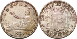 P0852 Fake? Spain 2 Pesetas Gouvernement Provisoire 1869 (69) DE-M Silver