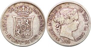 P0874 Spain 40 Centimos Escudo Isabel II 1865 Madrid Silver -> Make offer