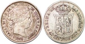 P0876 Spain 40 Centimos Escudo Isabel II 1865 Madrid Silver -> Make offer