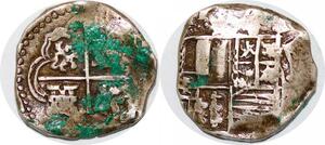 P0886 Very Scarce Bolivia 4 Reales Philip III 1578-1621 Lion towers inverted silver