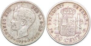 P0890 Spain 50 Centimos Alfonso XIII 1896 (96) PG V Silver ->Make offer