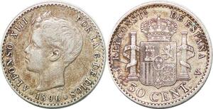 P0891 Spain 50 Centimos Alfonso XIII 1896 (96) PG V Silver ->Make offer