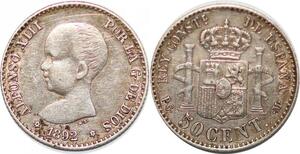 P0892 Spain 50 Centimos Alfonso XIII 1892 (92) PG M Silver ->Make offer