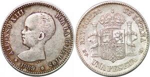 P0895 Scarce !! Spain Peseta Alfonso XIII 1889 (89) MP M Madrid Silver AU