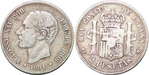 P0898 Spain 2 Pesetas Alfonso XII 1881 (83) MS M Silver KM# 678 -> Make offer
