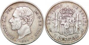 P0900 Spain 2 Pesetas Alfonso XII 1882 (82) MS-M Madrid KM# 678 Silver