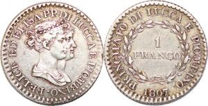 P0960 Italy Lucca Un Franco 1807 Felix and Elisa Silver Quality XF+/ AU