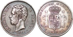 P0976 Spain 5 Pesetas Amadeao I 1871 (71) SD M Madrid Silver -> M offer