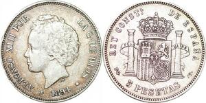 P0978 Spain 5 Pesetas Alfonso XIII 1894 (94) PG V Madrid Silver -> M offer