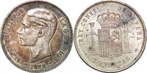 P0979 Scarce Spain 5 Pesetas Alfonso XII 1878 (78) EM M Silver AU ++++