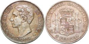 P1001 Scarce Spain 5 Pesetas Alfonso XII 1875 (75) DE M SilverXF++ > M offer