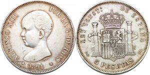 P1002 Spain 5 Pesetas Alfonso XIII 1891 (91) PG M Silver ->Make offer