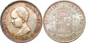 P1004 Spain 5 Pesetas Alfonso XIII 1891 (91) PG M Silver UNC ->Make offer