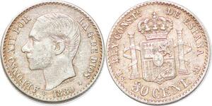 P1006 Spain 50 Centimos Alfonso XII 1880 (80) MS M Silver ->Make offer