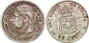 P1011 Spain 50 Centimos Alfonso XII 1880 (80) MS M Silver ->Make offer