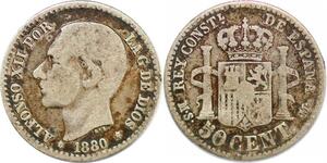 P1021 Spain 50 Centimos Alfonso XII 1880 (80) MS M Silver ->Make offer