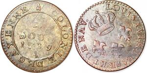 P1039 Guyane French Colonies 2 Sous Louis XV Cayenne 1789 A Paris
