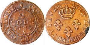 P1044 Guyane French Colonies 2 Sous Louis XV Cayenne 1789 A Paris Fab Locale
