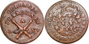 P1053 Very Scarce XF French USA Sol Colonies Françoises Louis XV 1767 XF