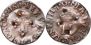 P1156 France Très Rare Liard au H Henri III couronné 1578 D Lyon Date en Bas