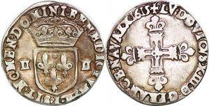 P1252 Rare France 1/4 Ecu Louis XIII croix fleurdelisée 1615 L Bayonne Argent