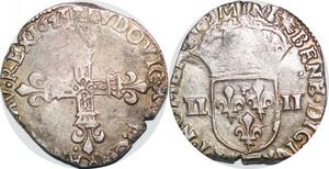 P1265 Rare France 1/4 Ecu Louis XIII 1623 B Rouen Argent ->Faire offre
