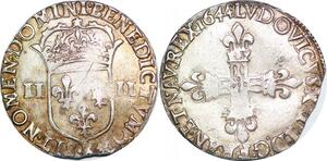P1268 Rare France 1/4 Ecu Louis XIV 1644 K Bordeaux frappe marteau Argent ->Faire offre