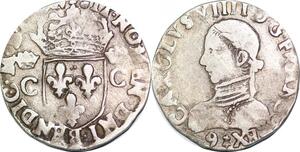 P1278 Rare France 1/2 Demi Teston Henri III au nom de Charles IX  9 Rennes Argent