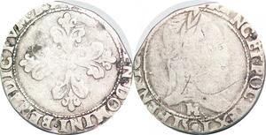 P1279 Rare France 1/2 Demi Franc Henri III au col plat 1591 M Toulouse Argent