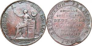 P1382 France Médaille 2 Sols Confiance Monneron Liberté 1792 an IV
