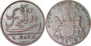 P1385 India British Madras Presidency 10 Cash 1803 -> Faire offre