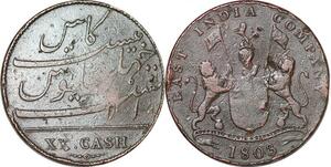 P1386 India British Madras Presidency 20 Cash 1803 -> Faire offre