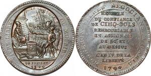 P1408 France Médaille 5 SolsConfiance Monneron Serment an IV 1792 TTB+ -> Faire offre